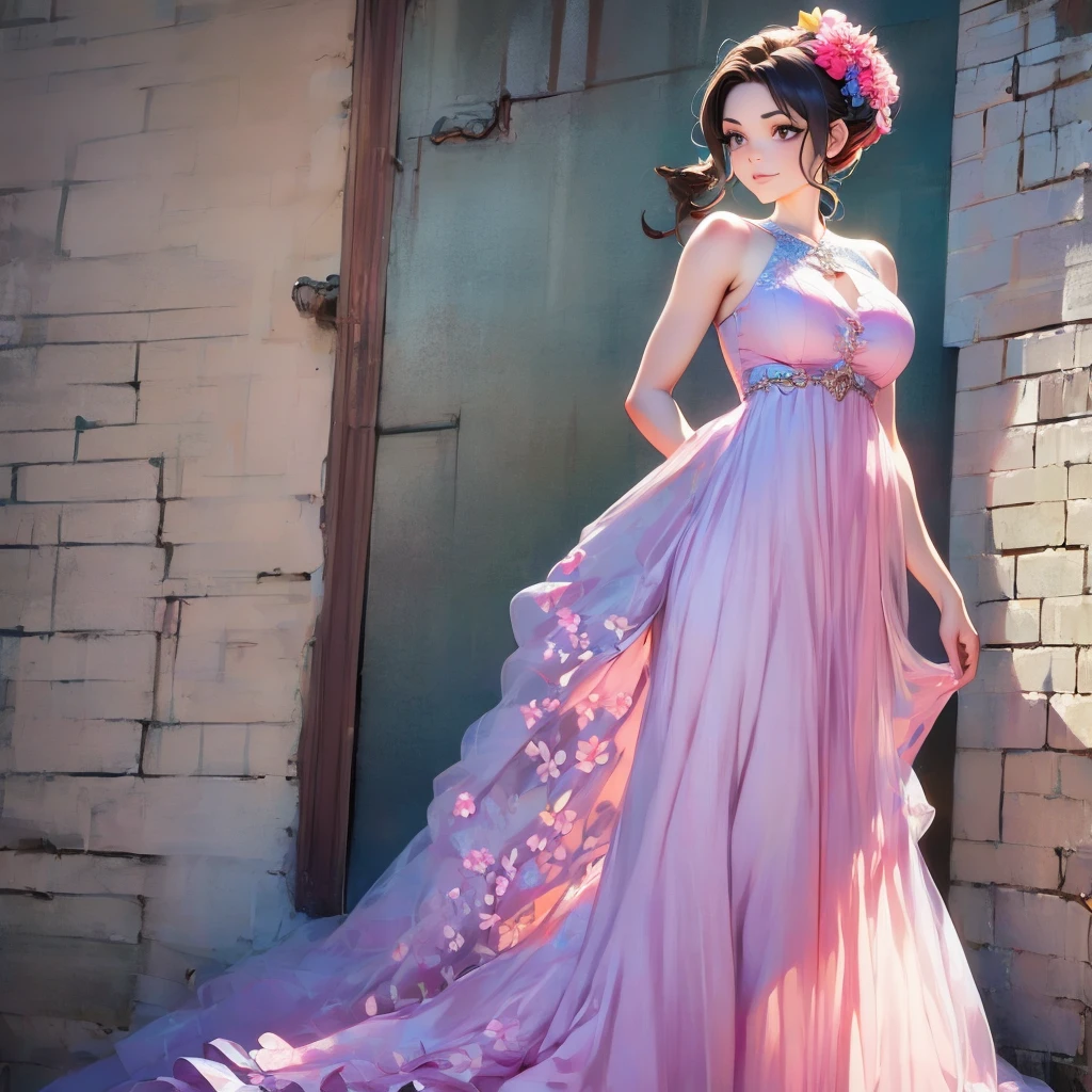 araffe woman in a floral dress standing in front of a brick wall, romantic dress, beautiful dress, wearing organza gown, lady with glowing flowers dress, wearing a long flowery dress, dressed beautiful gown, flower dress, magical dress, flowing dress, very beautiful style, fantasy dress, full dress, dress in the style of rococo, stunning dress