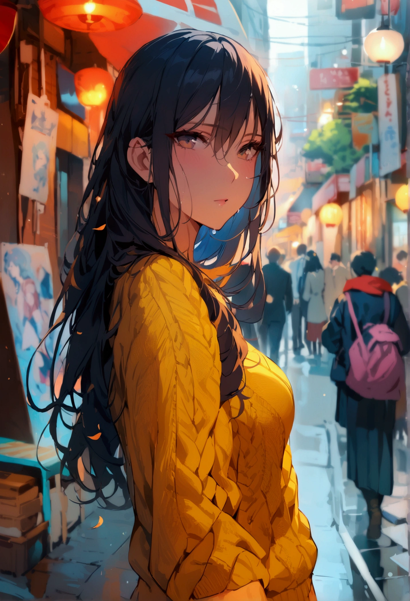 (masterpiece, Highest quality:1.2), One girl, alone,mature_Lady,Long black hair, sweater,On the street,Big Breasts,Completely naked