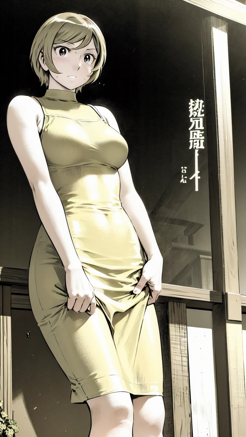 、(masterpiece、Highest quality)、Highest quality, Ultra-high resolution, (((masterpiece))), alone, Sweat、Big eyes, Sleeveless、Outdoor、Floral Dress、Composition from the front、（後ろCut your hair short、short hair、blonde、woman）、Shortcuts、Embarrassed face、Cut your hair short、可愛いwomanの子、Big Breasts、Browsing Caution