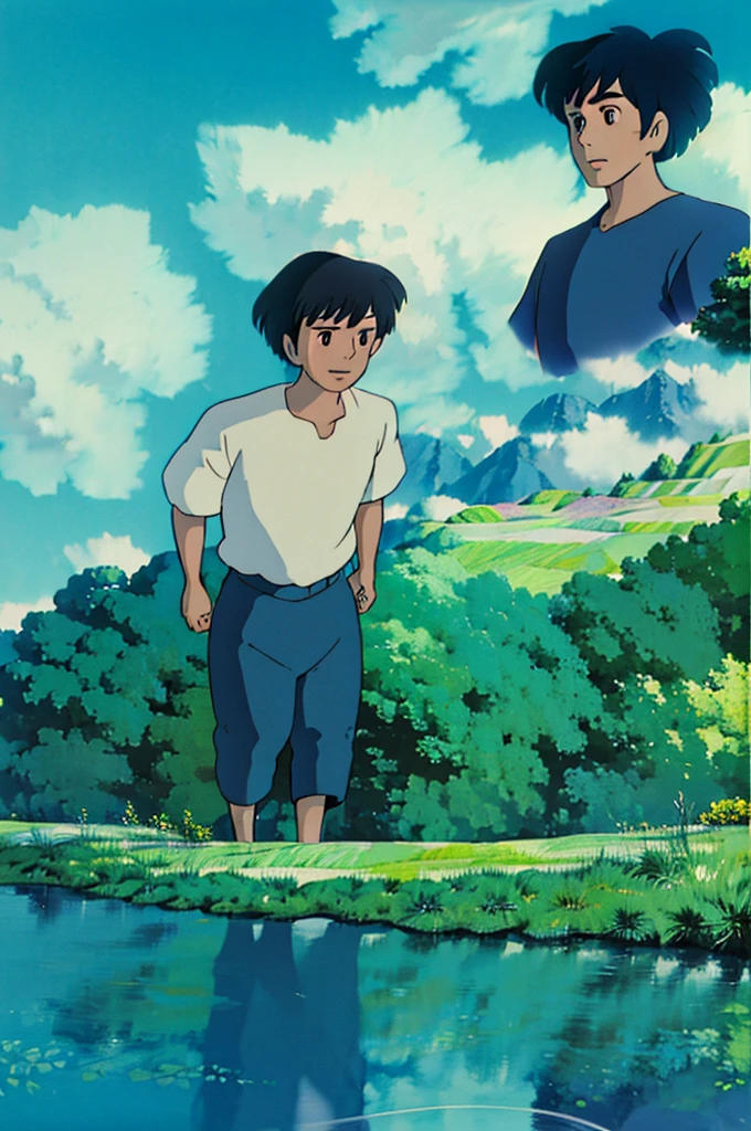A landscape style image, I'm on a subway,
In the windows there is a landscape with a very blue sky and very beautiful clouds, two characters facing each other, counted forward, one side of the other, a boy with simple clothes, a white dress shirt and black pants, one with black hair and a black skirt, they are both looking in a different direction.