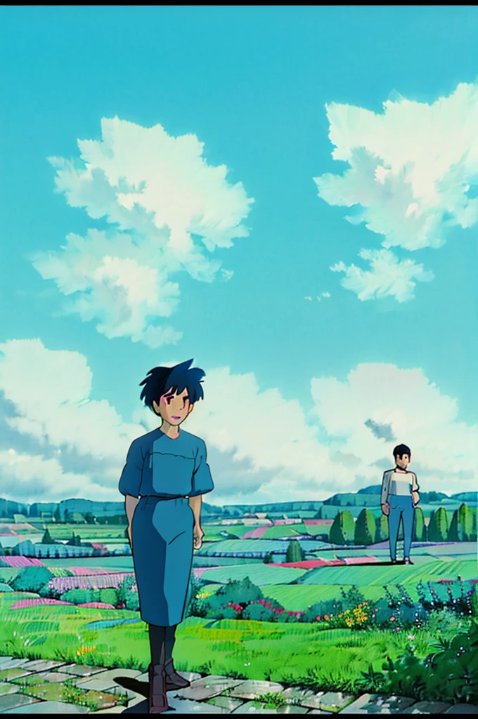 A landscape style image, I'm on a subway,
In the windows there is a landscape with a very blue sky and very beautiful clouds, two characters facing each other, counted forward, one side of the other, a boy with simple clothes, a white dress shirt and black pants, one with black hair and a black skirt, they are both looking in a different direction.