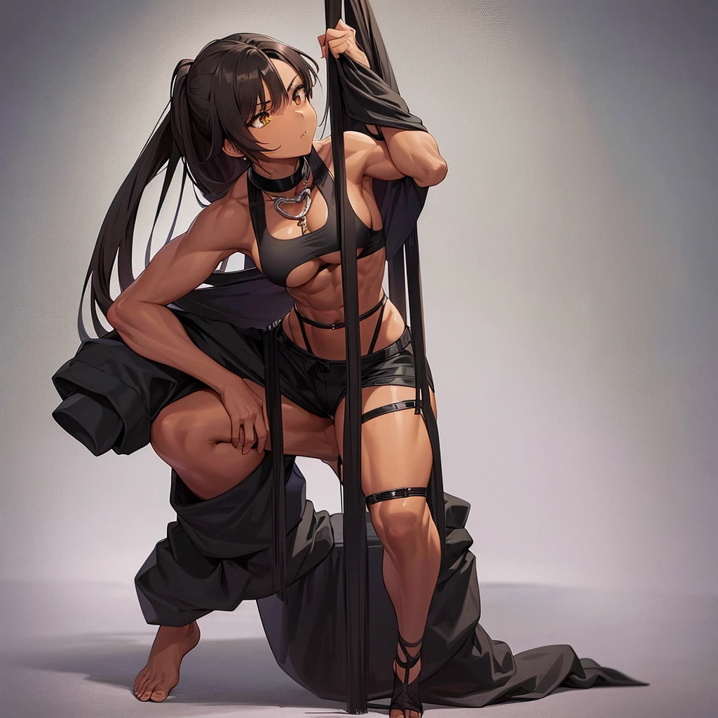 African brown female, brown long messy hair put into a pony tail, brown hunter eyes, black crop top, black shorts, black cloth wrapped around her legs and feet, toned muscular body, black cloth wrapped around her arms, tall, mature, full body design