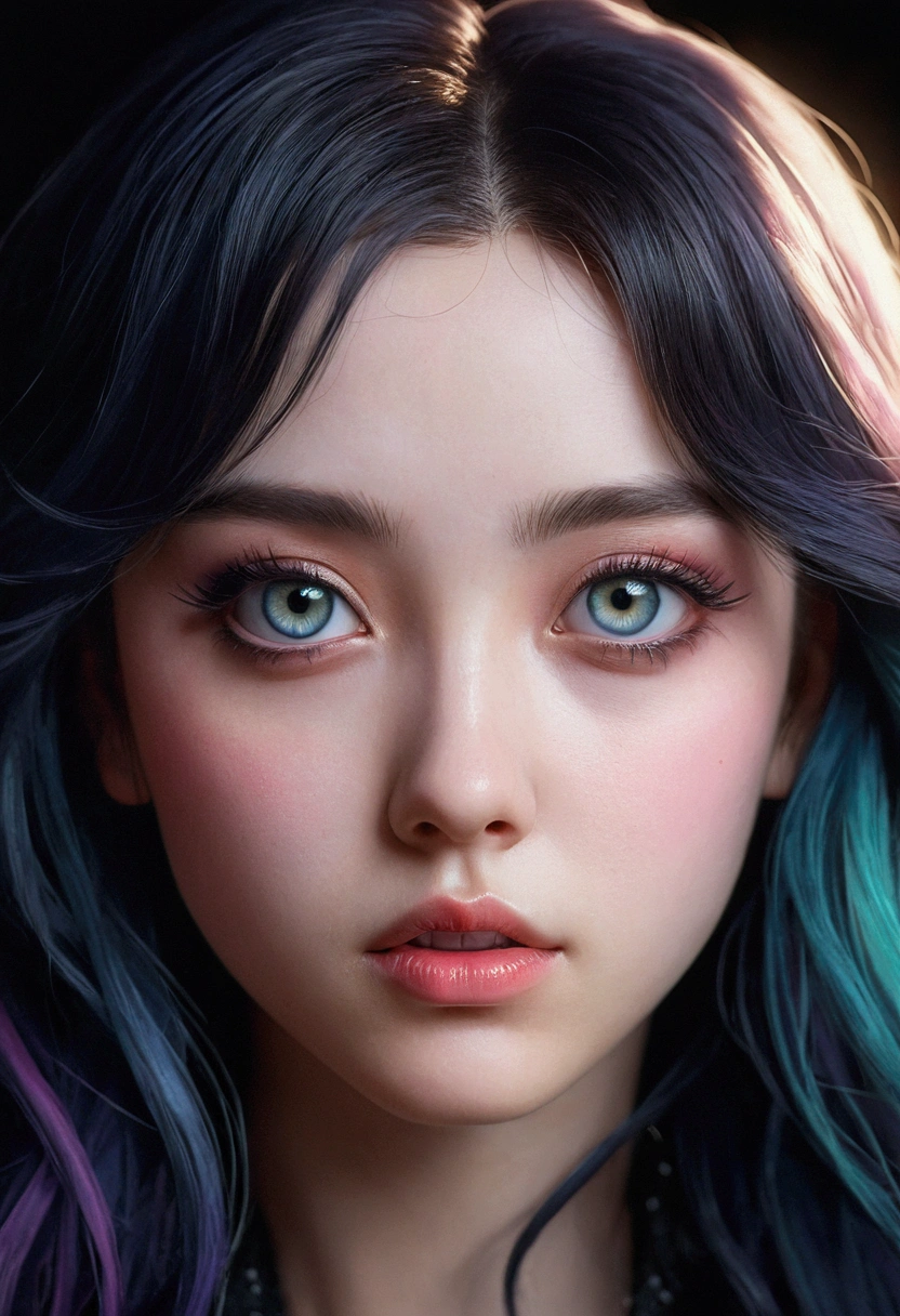 1 goth girl, hyperrealistic watercolor masterpiece, dark makeup, black lip stick, eyeliner, full fluffy black hair,

at night, twilight, evening, outside, particles visible, light from behind, hyper realistic detailed lighting, hyper realistic shadows, dust visible, light fog, visible breath

hyperrealistic watercolor masterpiece, smooth soft skin, big dreamy eyes, beautiful fluffy volume colored hair with neon streaks bioluminescence, symmetrical, anime wide eyes, soft lighting, detailed face, wlop, rossdraws, concept art, digital painting, looking into camera