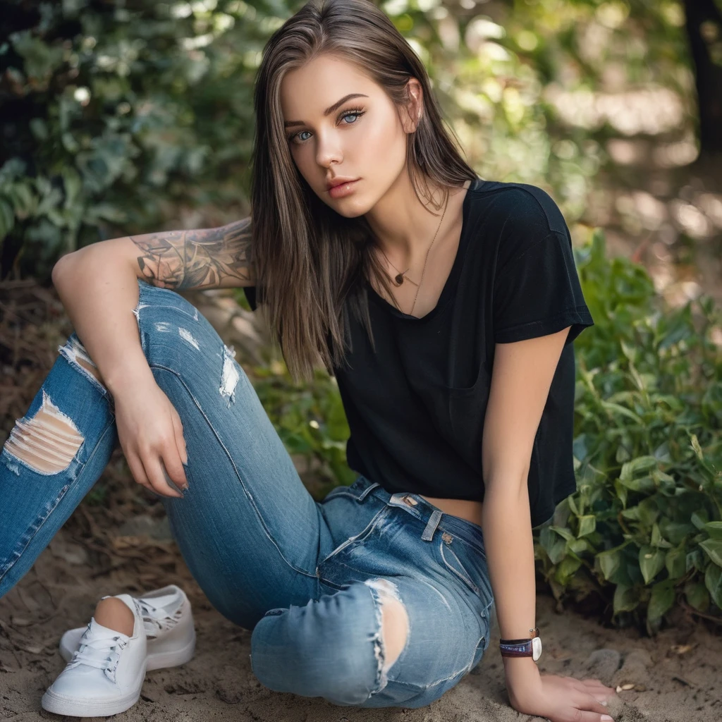 A REALISTIC, full-body image of female laurence bedard, Age 20 dressed in wet cropped T-shirt and ripped jeans. perfect-eyes, captivating-gaze, perfect-lips, perfect-anatomy, stunningly-beautiful, high-saturation, 35mm-raw-photo. She has blue eyes and a grey-dark-roots hair style. And is in a garden, And she is lying on a lounger sunbathing