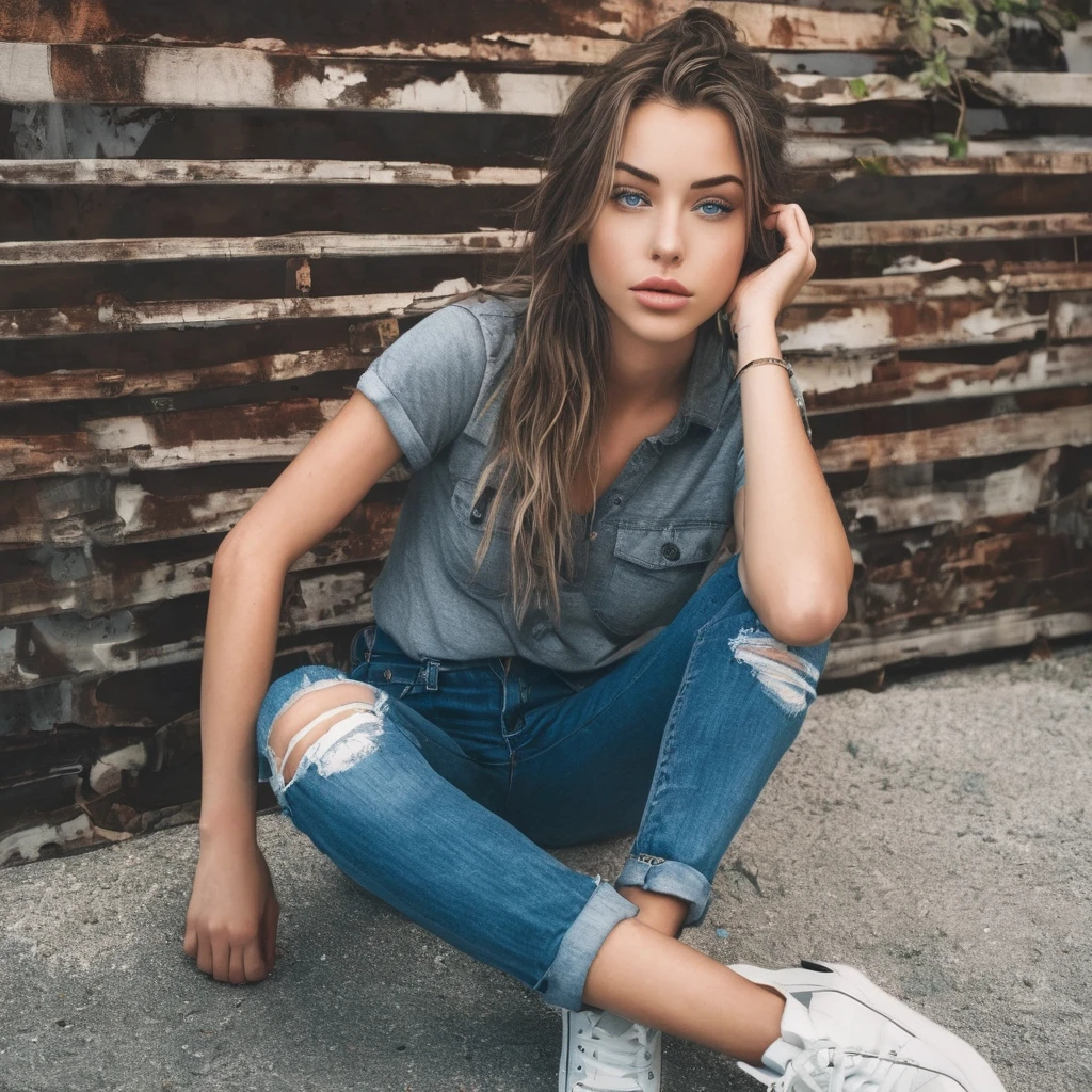 A REALISTIC, full-body image of female laurence bedard, Age 20 dressed in wet cropped T-shirt and ripped jeans. perfect-eyes, captivating-gaze, perfect-lips, perfect-anatomy, stunningly-beautiful, high-saturation, 35mm-raw-photo. She has blue eyes and a grey-dark-roots hair style. And is in a garden, And she is lying on a lounger sunbathing