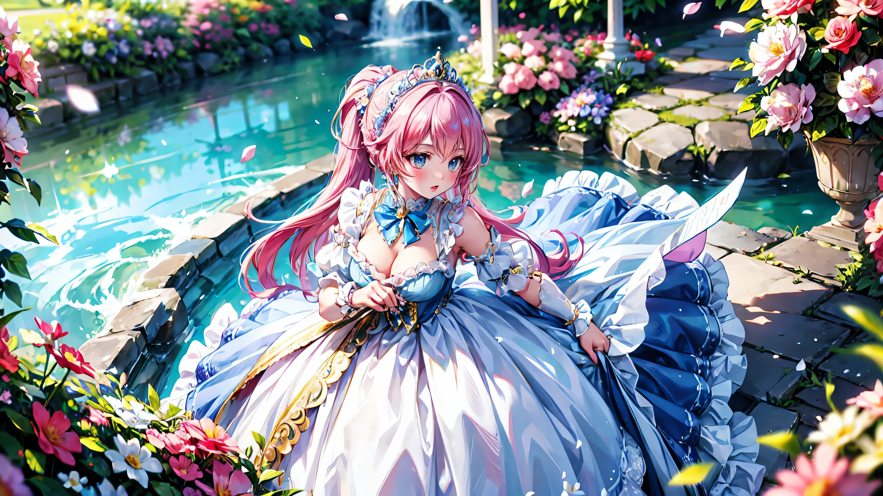 anime moe art style, (Masterpiece, ultra detailed, top quality), (((young face solo princess))), (dress aquamarine dress), (((ultra gorgeous rococo victorian gown with voluminous hoopskirt and long hems, princess style skirt, gown ultra elaborate gown))), ((huge breasts)), breasts cleavage, (hair pink hair), (fluffy long ponytail), Expressive very voluminous hair, super delicate face, (hyper detail delicate beautiful eyes blue eyes), ((leaning forward, looking up, from above, front view)), (((So lot's of colorful flowers))), (blurry background:1.5),