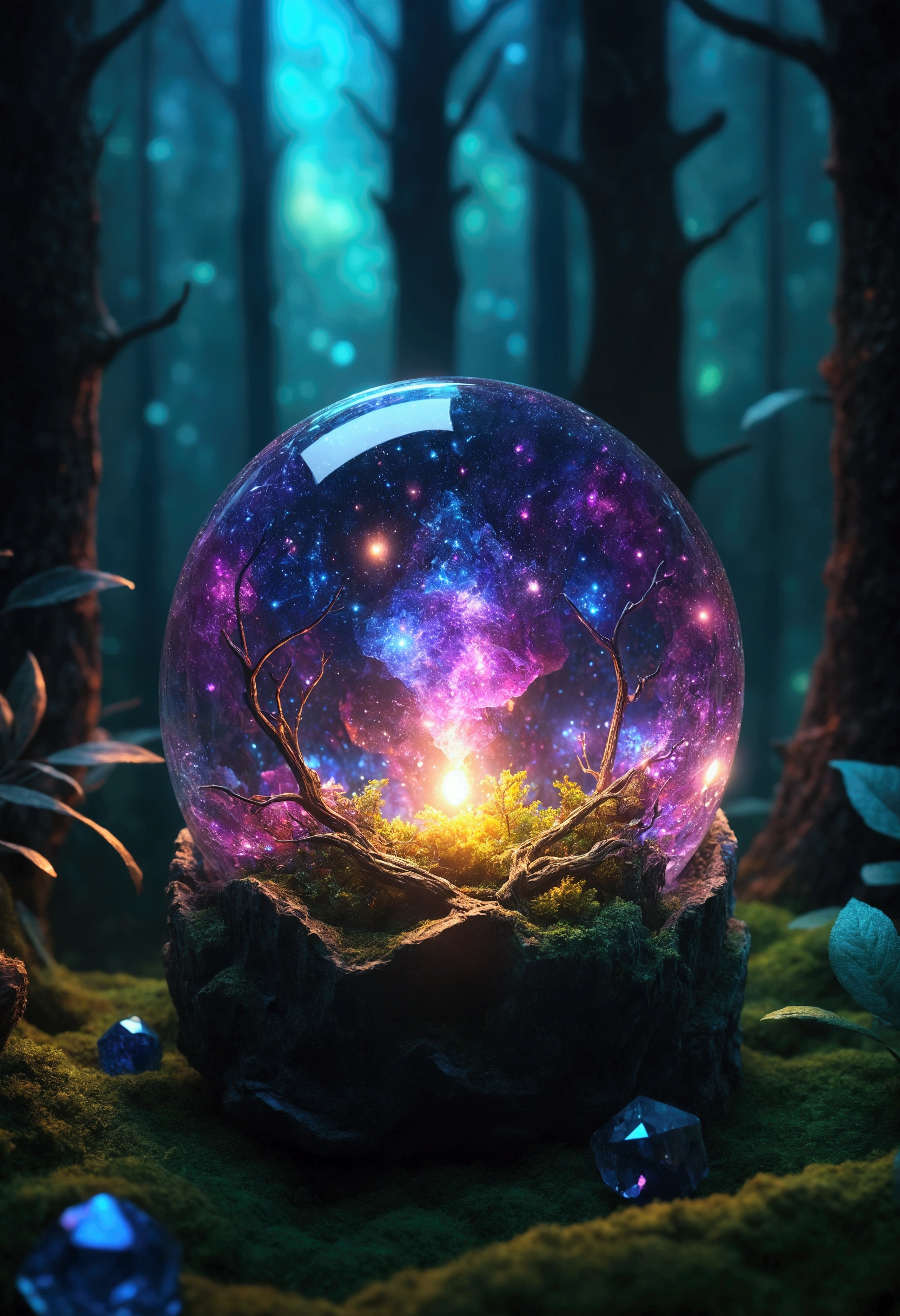 (An intricate galaxy trapped in a crystal), atmospheric Oliva lighting, enchanting forest, 4k UHD, dark vibes, sparkling lights, hyper detailed, vibrant colors forest background, epic composition, octane render, sharp focus, high resolution isometric