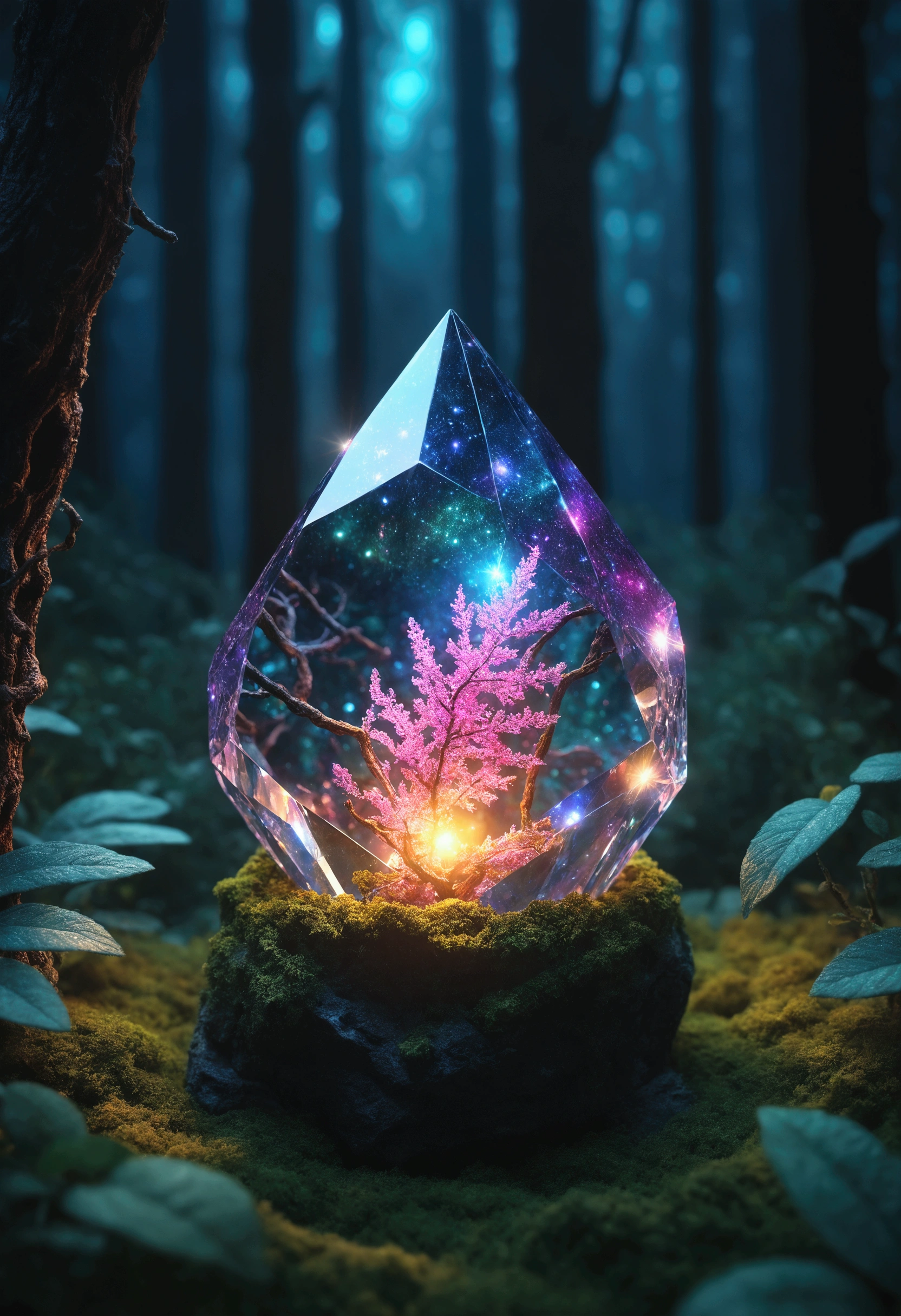 (An intricate galaxy trapped in a crystal), atmospheric Oliva lighting, enchanting forest, 4k UHD, dark vibes, sparkling lights, hyper detailed, vibrant colors forest background, epic composition, octane render, sharp focus, high resolution isometric