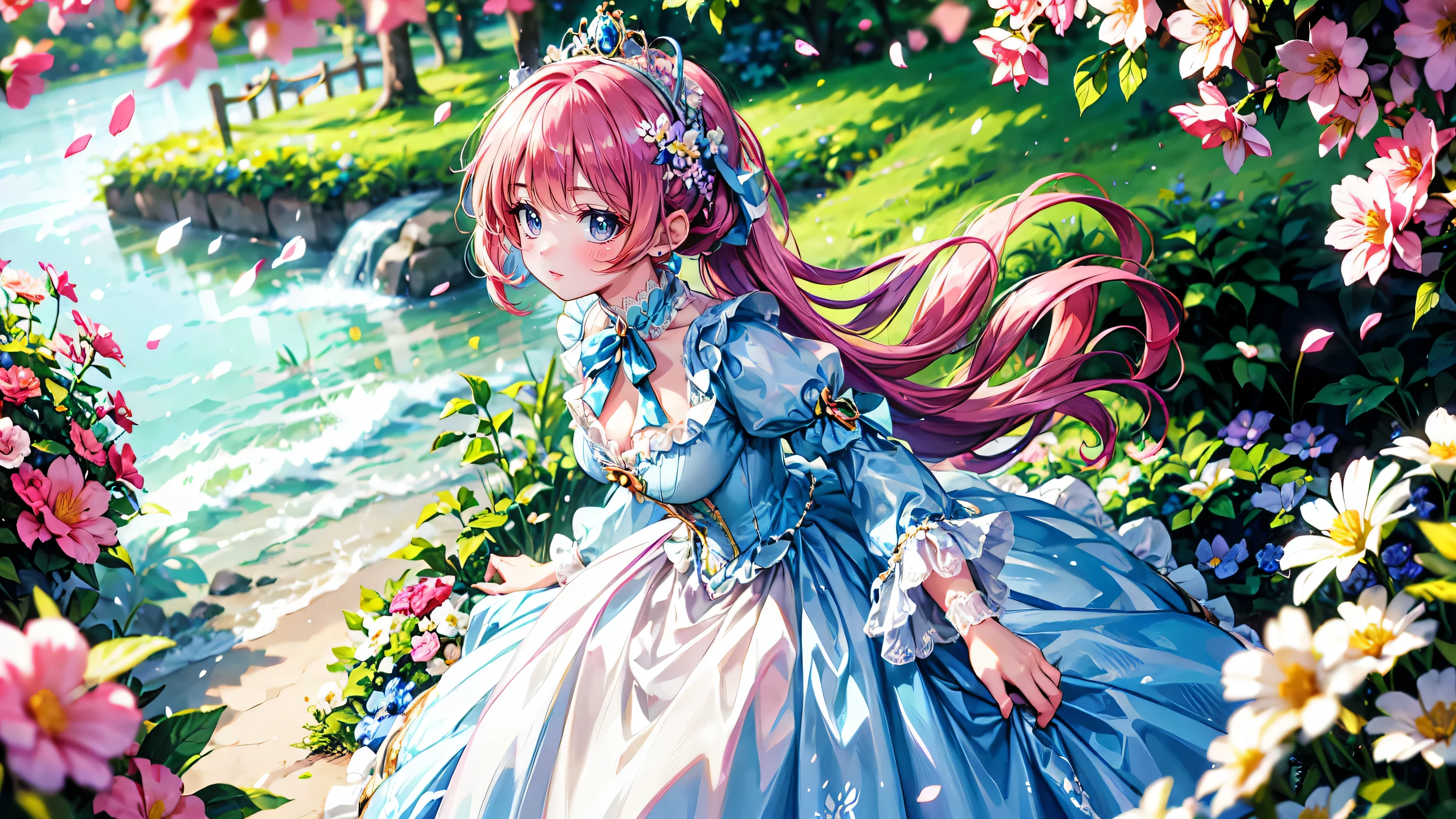 anime moe art style, (Masterpiece, ultra detailed, top quality), (((young face solo princess))), (dress aquamarine dress), (((ultra gorgeous rococo victorian gown with voluminous hoopskirt and long hems, princess style skirt, gown ultra elaborate gown))), ((huge breasts)), breasts cleavage, (hair pink hair), (fluffy long ponytail), Expressive very voluminous hair, super delicate face, (hyper detail delicate beautiful eyes blue eyes), ((leaning forward, looking up, from above, front view)), (((So lot's of colorful flowers))), (blurry background:1.5),