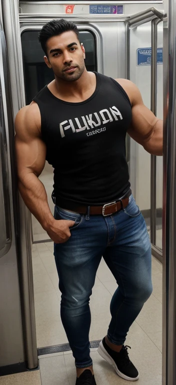 a indian latino sexy young boy with a girl is sitting on seat in metri train, gigachad muscular, beefy, mid-shot of a hunky boy, strong and imposing, exaggeratedly large physique, juicy meat, tall and muscular, detailed veiny muscles, sexy muscular body, muscular body, very muscly, strong masculine features, muscular male, powerful and huge, realistic, seduction, erotic bulge, showing underwear belt, from front full body view, black socks, ear studs, grey tee shirt pull up by hand and showing hairy abs, tight casual shirt, tight jeans, big bulge in jeans