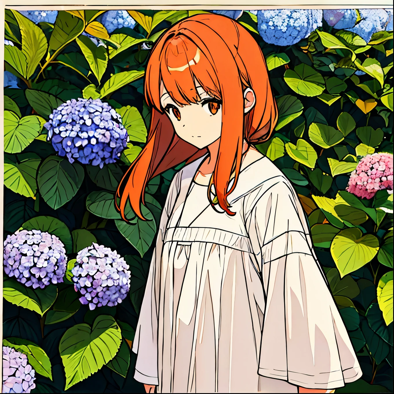 Orange plain background, girl with bronze hair in white clothes, hydrangea, simple, chic, summer