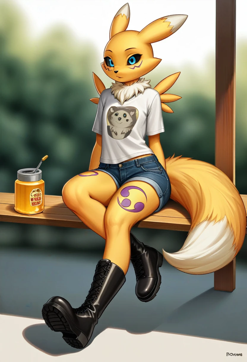 kemono, art by dagasi, (toddler:1.2), beautiful girl, Uploaded to e621.net, fox girl, (Pixelsketcher), (wamudraws), (masterpiece), (HD), (high res), (feet visible), (furry anthro), (detailed fur), (detailed shading), (beautiful render art), Fraction_9, Fraction_8_Direction_7_Direction_6_Direction_5_Direction_4_up, rest, src_Japanese cartoons, Endless, Official Art, masterpiece, 1 Girl, renamon (Digimon), anthropology, cute的, , very younger, young, , Uncensored,  [(slim figure, flat chest, skinny)], (curvy hips), (beautiful legs), Oversized T-shirt, big jeans, black worker boots,Sexy, Honey, prostitute, Blink，cute