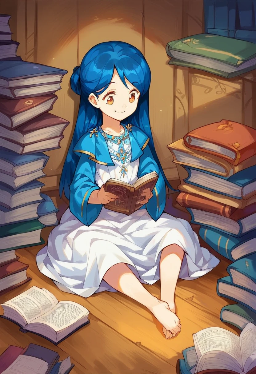 score_9, score_8_superior, score_7_superior, score_6_superior, score_5_superior, score_4_superior, evaluation_Safety, my, Blue Hair, Sitting on the floor, dress, barefoot, Reading a book, Surrounded by books, View your viewers, smile