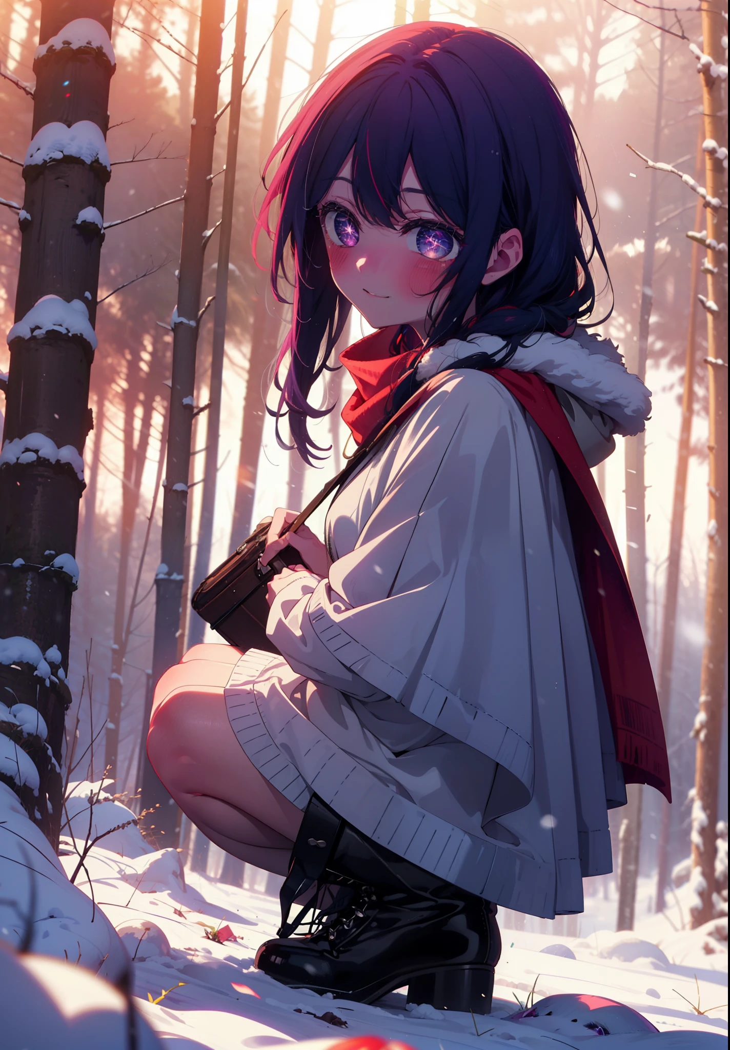 aihoshino, Ai Hoshino, Long Hair, bangs, (Purple eyes:1.1), Purple Hair, (Symbol-shaped pupil:1.5), smile,,smile,blush,White Breath,
Open your mouth,snow,Ground bonfire, Outdoor, boots, snowing, From the side, wood, suitcase, Cape, Blurred, , forest, White handbag, nature,  Squat, Mouth closed, Cape, winter, Written boundary depth, Black shoes, red Cape break looking at viewer, Upper Body, whole body, break Outdoor, forest, nature, break (masterpiece:1.2), Highest quality, High resolution, unity 8k wallpaper, (shape:0.8), (Beautiful and beautiful eyes:1.6), Highly detailed face, Perfect lighting, Extremely detailed CG, (Perfect hands, Perfect Anatomy),
