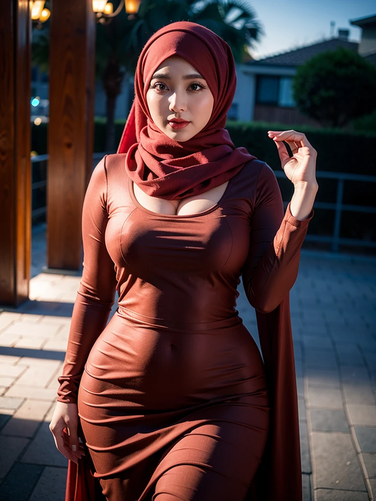 8K, high quality, nice lighting, soft lighting, realistic, dark eyes, sexy, big breasts, thighs, wide hips, muscular, malaysian baju kurung, malaysian hijab, Jewelry, sexy lady, asian, long scarf hijab, sexy pose, showing big thighs, nice big body, mature body, natural largest breast, daylight, outdoor, girl big breasts covered in long scarf hijab 