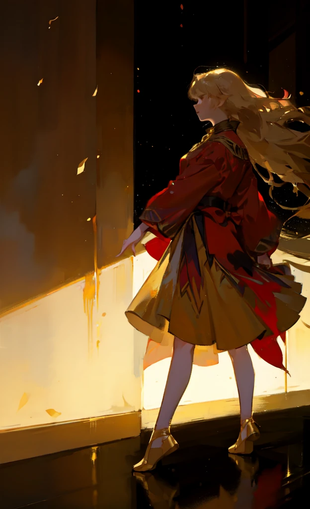 1. Little Girl，Bright red ribbon dance shoes，ballet，Blonde short hair，Bangs，whole body，（dynamic），Dance，Standing on a giant music box，Gold Theme，Light，dust，（（No facial depiction）），（Empty face），Simple dark background，（Vision），（Red dancing shoes），Tutu，piano，Golden rain，Reflection