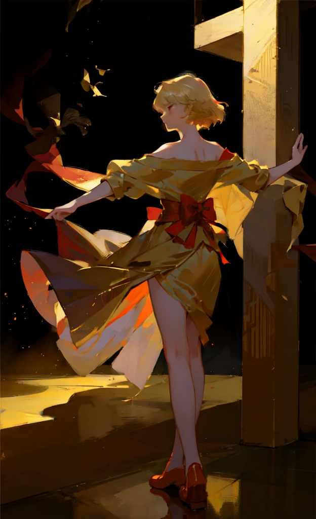 1. Little Girl,Bright red ribbon dance shoes,ballet,Blonde short hair,Bangs,whole body,(dynamic),Dance,Standing on a giant music box,Gold Theme,Light,dust,((No facial depiction)),(Empty face),Simple dark background,(Vision),(Red dancing shoes),Tutu,piano,Golden rain,Reflection