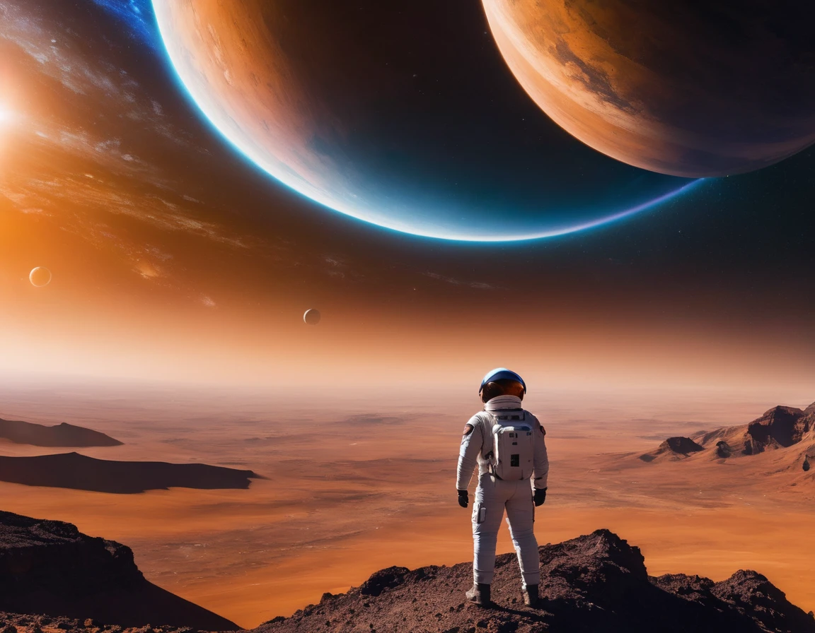 A beautiful blonde in a spaceship pilot costume smiles against the background of an uninhabited planet. On this uninhabited planet, the sky is a spectacular sight: It is filled with bright colors reflecting the glow of extraordinary satellites. These satellites, majestic in size and shape, cover the sky with stars and create amazing landscapes. Spaceships float smoothly between them, leaving behind traces of light and flickering reflections. Their strange shapes and technological design contrast with the beauty and tranquility of this planet, giving it a mysterious and mystical charm. Travelers flying by stop to admire this amazing sight and soak up the magic of this cosmic world.