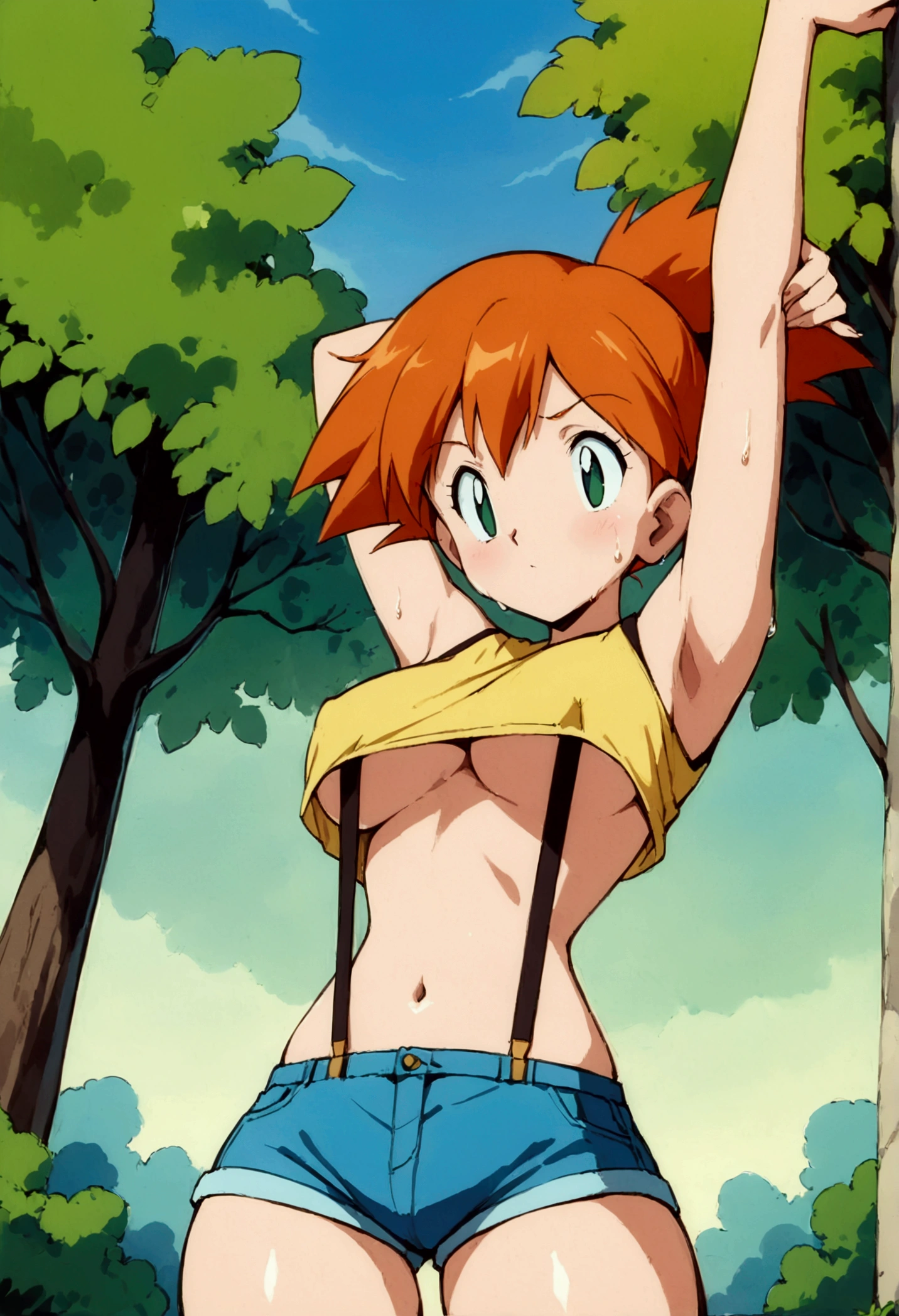 score_9,score_8_up, score_7_up,source_anime.superior,from below,face below view,straight-on. Dutchangle, (Insect's Eye).,, masterpiece,bestquality, Highest quality, (mature:1.2) ,1girl, Outdoor, Green Eyes, Orange Hair, , Yellow Shirt, Sleeveless shirt,belly button, Denim shorts, suspenders,  Captivating look,  (slender), delicate curves, ,(shirtlift,under_boob),(superfineillustration,finely detail),(absurdres),(arms up,behind back),stretching,sweat,wet,,(1990s_(style))
