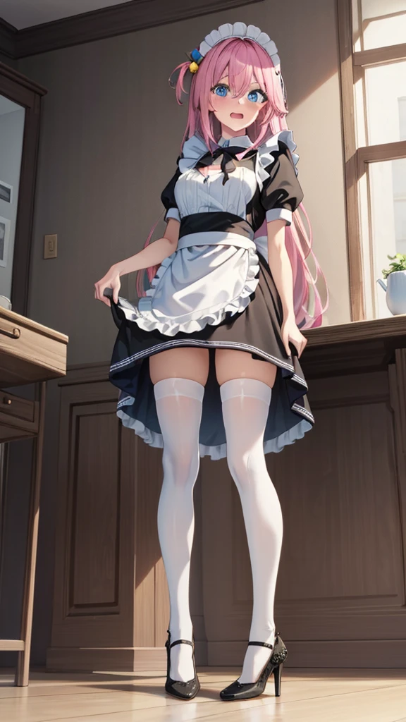 White hair, maid outfit, sexy and cute appearance, soft and cute body, white stockings, bare feet, strangle, full body, loli kneeling