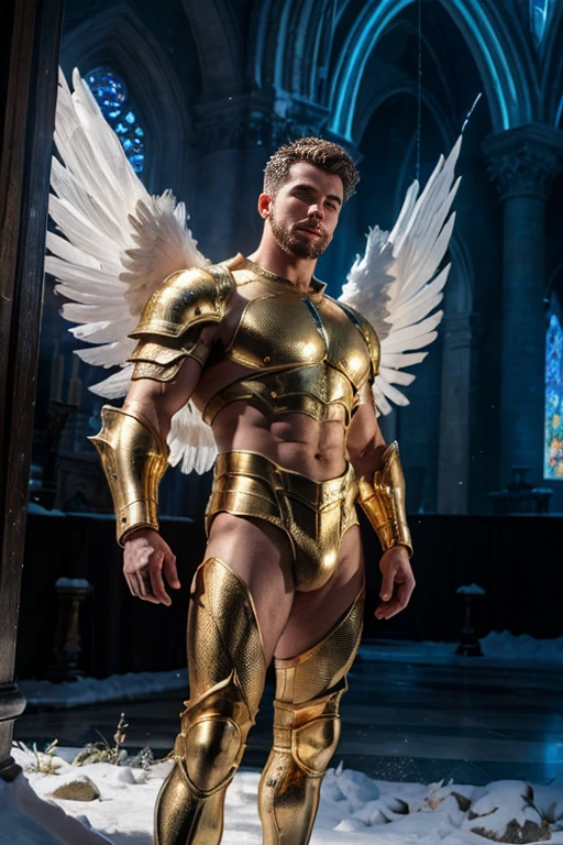 ultra high res, best quality, photo, 4k, (photorealistic:1.4), cinematic lighting, a male angel with large translucent wings,muscular man, abdominal muscle, wearing medieval gold armor, detailed feathers, cyberpunk environment, snow and environment in the background, cathedral of , portal of the future, volumetric light, HD, magic, god light, backlighting, detailed face, contrapposto,