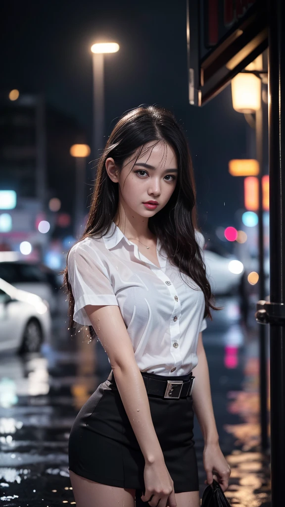(RAW shooting, realistic:1.5, 8K, Highest quality, Masterpiece, Ultra high resolution), Perfect dynamic composition:1.2, Night street corner of modern city, expression of sadness:0.5, heavy rain:1.3, ผิวand faceที่มีรายละเอียดสูง:1.2, one Slim lady wet in the rain:1.3, white skin:1.2, perfect style:1.2, beautiful and beautiful:1.1, Very beautiful face:1.2, water droplets on the skin, and face:1.2, (rain drips all over my body:1.2, wet body:1.2, Wet hair:1.3, The black tight skirt was wet...:1.2, A wet white short-sleeved shirt:1.3), Brown suede belt:1.2, Black bra under white shirt:1.4, white sneakers, (cry, Heartbreak, The expression on your face when you touch hard., Facial expressions when feeling pleasure), (beautiful blue eyes, Eyes that give a feeling of elegance and beauty:0.8), (Too erotic:0.9, Fascinating:0.9), upper body, close up, rain, metal shirt buttons:1.2, metal plate buckle:1.3, at night:1.2, Thai University Uniform, at night:1.3, stand, rain foreground and background, standing