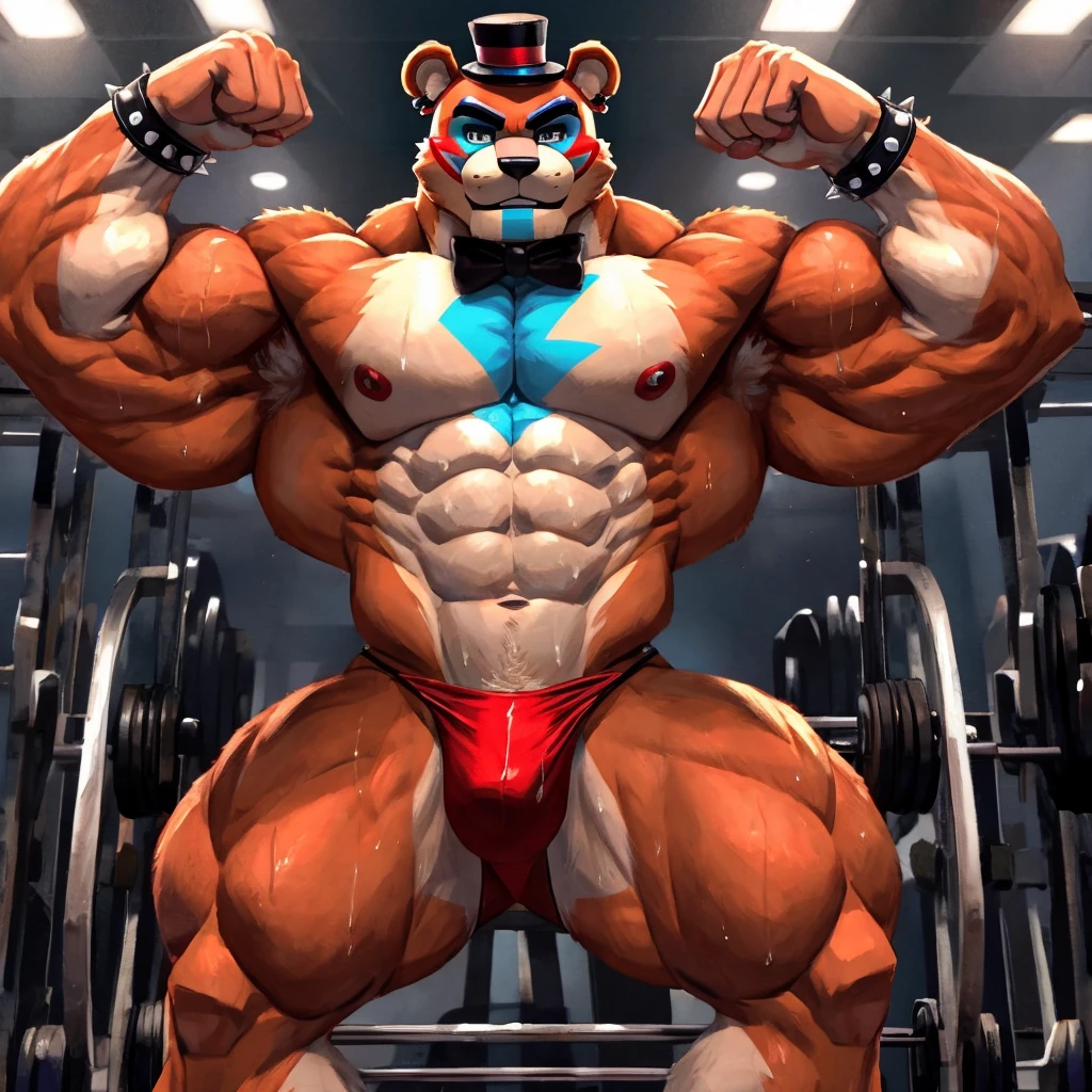 Glamrock overly muscular adult Freddy wears a sweaty red thong in the GYM flexing his muscles with a self-assured sexy and flirtatious look