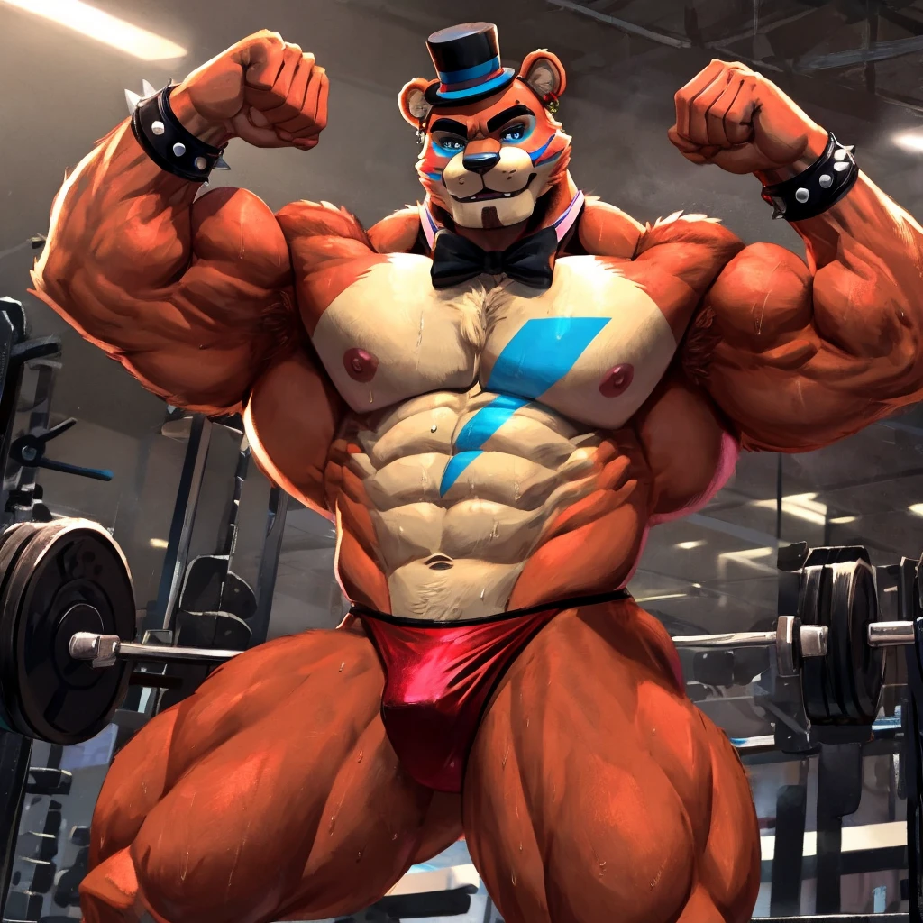Glamrock overly muscular adult Freddy wears a sweaty red thong in the GYM flexing his muscles with a self-assured sexy and flirtatious look