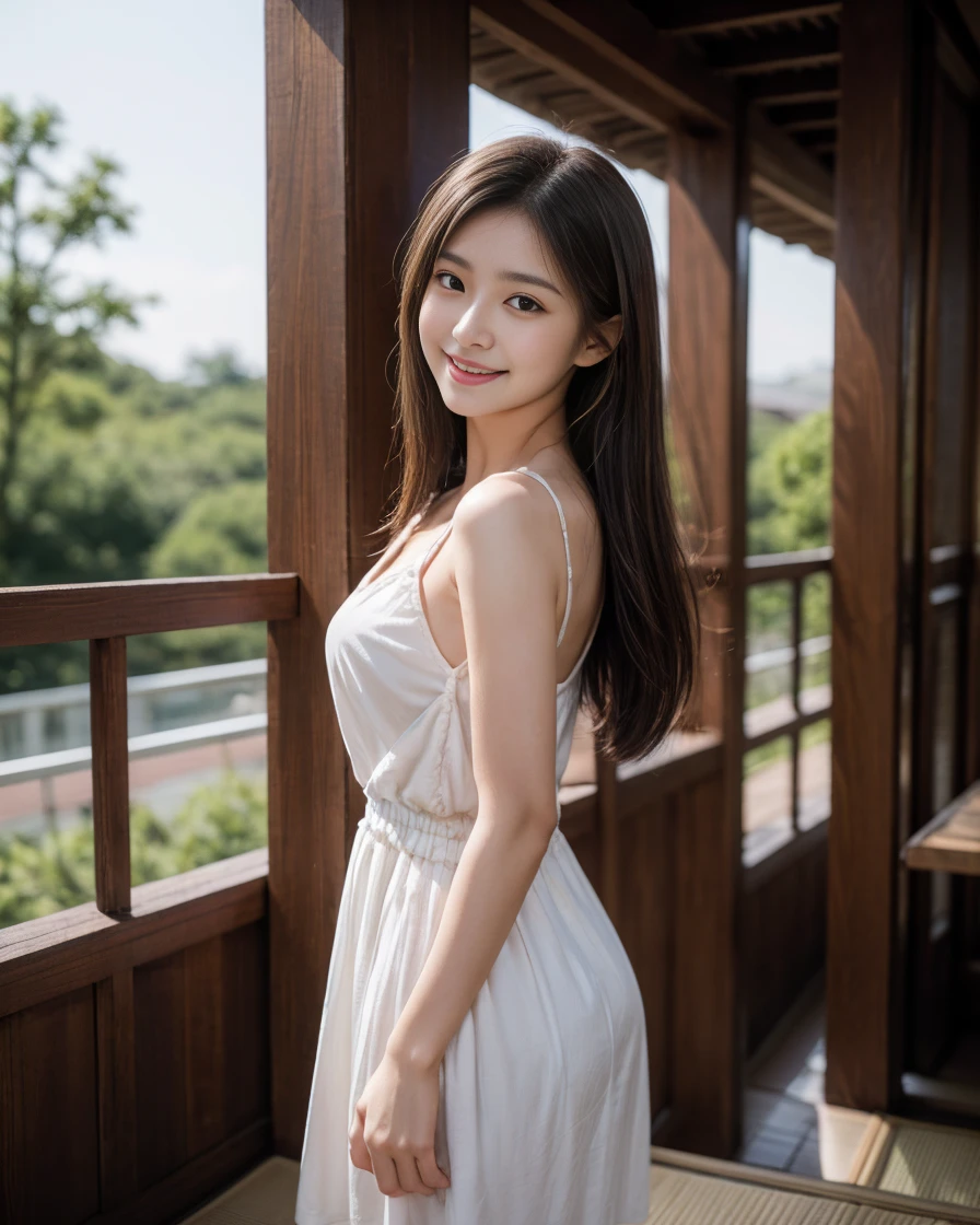 14:07:25 (RAW Photos:1.2),(Realistic),Beautiful detailed girl,Very detailed eyes and face, 
Beautiful attention to detail,Large file size,High resolution,Very detailed,Highest quality,
 [masterpiece:1.6],figure,Very detailed,The finer details,Highest quality,32K Wallpapers,Intricate details,
One girl,Beautiful Japanese Women,Light brown hair,Transparent muscle,Tight waist,Thin type,Slightly larger breasts,Small Butt,BREAK,
A happy smile,See what you see,(Standing Upright),Long hair,
BREAK,(Town),BREAK,Open-chested,v neck dress,