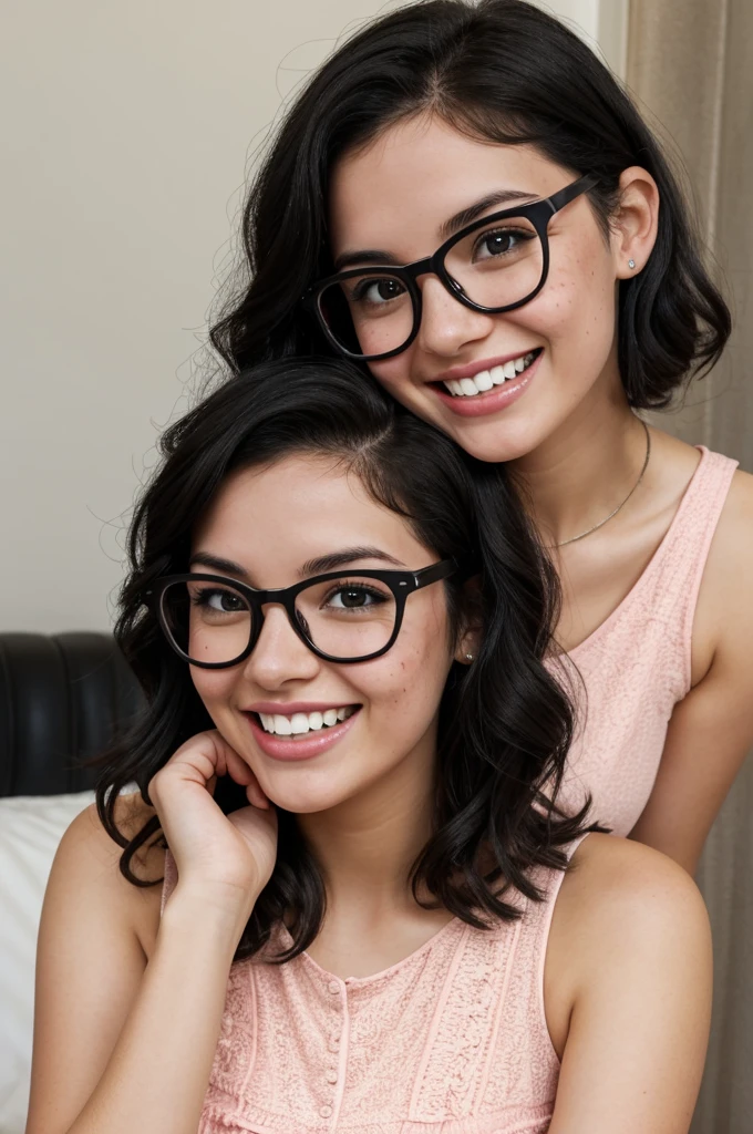 White slim girl with few freckles with short wavy black hair, large light brown eyes, thick lips with pink glasses, she has a black dress and is laughing