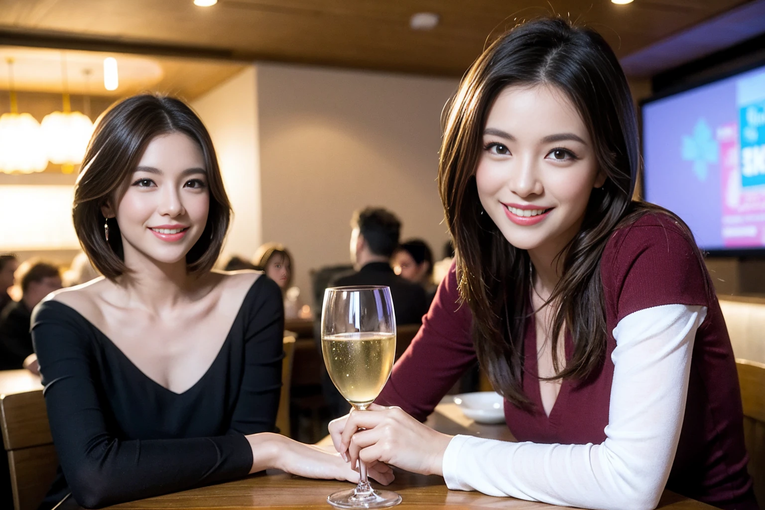 ((Highest quality、8K、masterpiece:1.3))、cute、slimカップル、modelカップル、actress男優、(Realistic, Intricate details:1.2), full-course dinner、Wine Party、Amazing view of the sunset sky and clouds、A bright smile、short hair,Bright Face、 (Age 37), 42 years old, red wine 、Appetizers、Italian food、Wine bottle、Champagne、sparkling wine、Two beauties、Brown Hair、Shortcuts、Long sleeve shirt、dress、Beautiful woman 1, (slimな顔), (The body is slim), (Brown Hair), (Shortcuts), cheeks turn a little red,Attractive beauty、restaurant, In a prominent place (From the waist up) Nova Frog Style, actress, model, Upper Body, White wine, slim, wine glass, 中央に置かれたwine glass, smile, (smile: 1.15), Beautiful fine grain, Depth f/2,saturation, High Contrast, Strong light and shadow,Moist Body:1.5、3D texture、Delicate eyes、Brown Hair、The hair is very shiny、