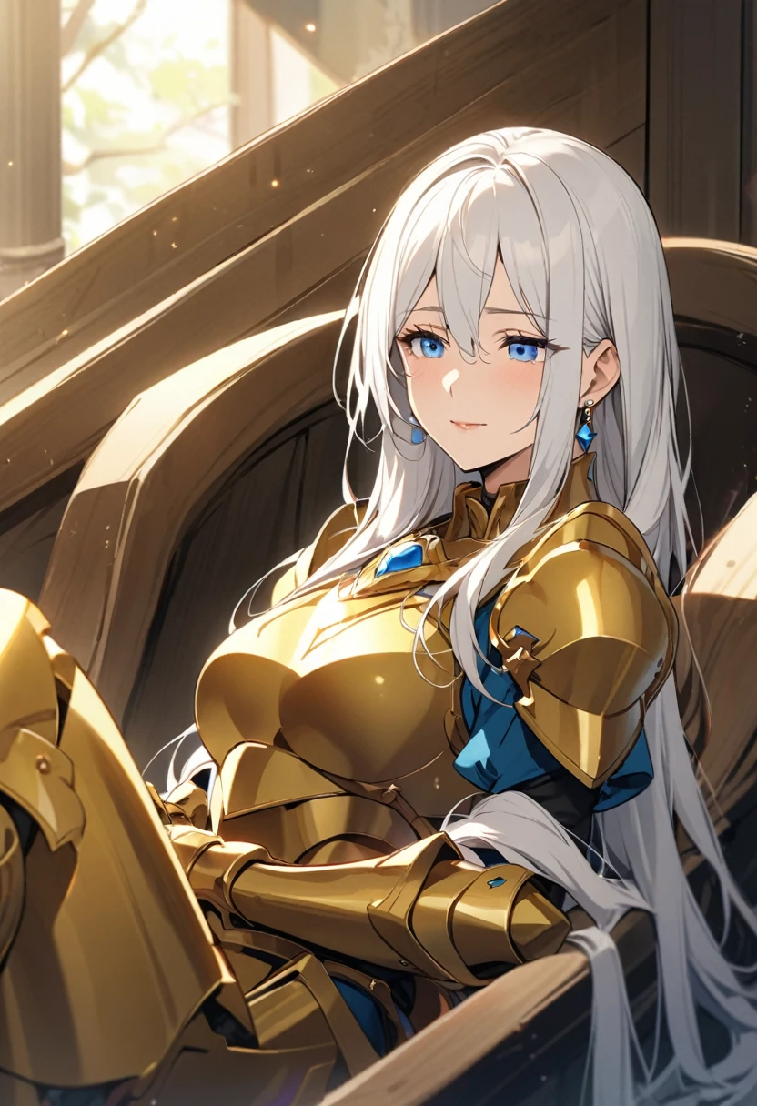 girl, mature, white hair, blue eyes,diamond earings, golden armor, long hair, low twin tails,