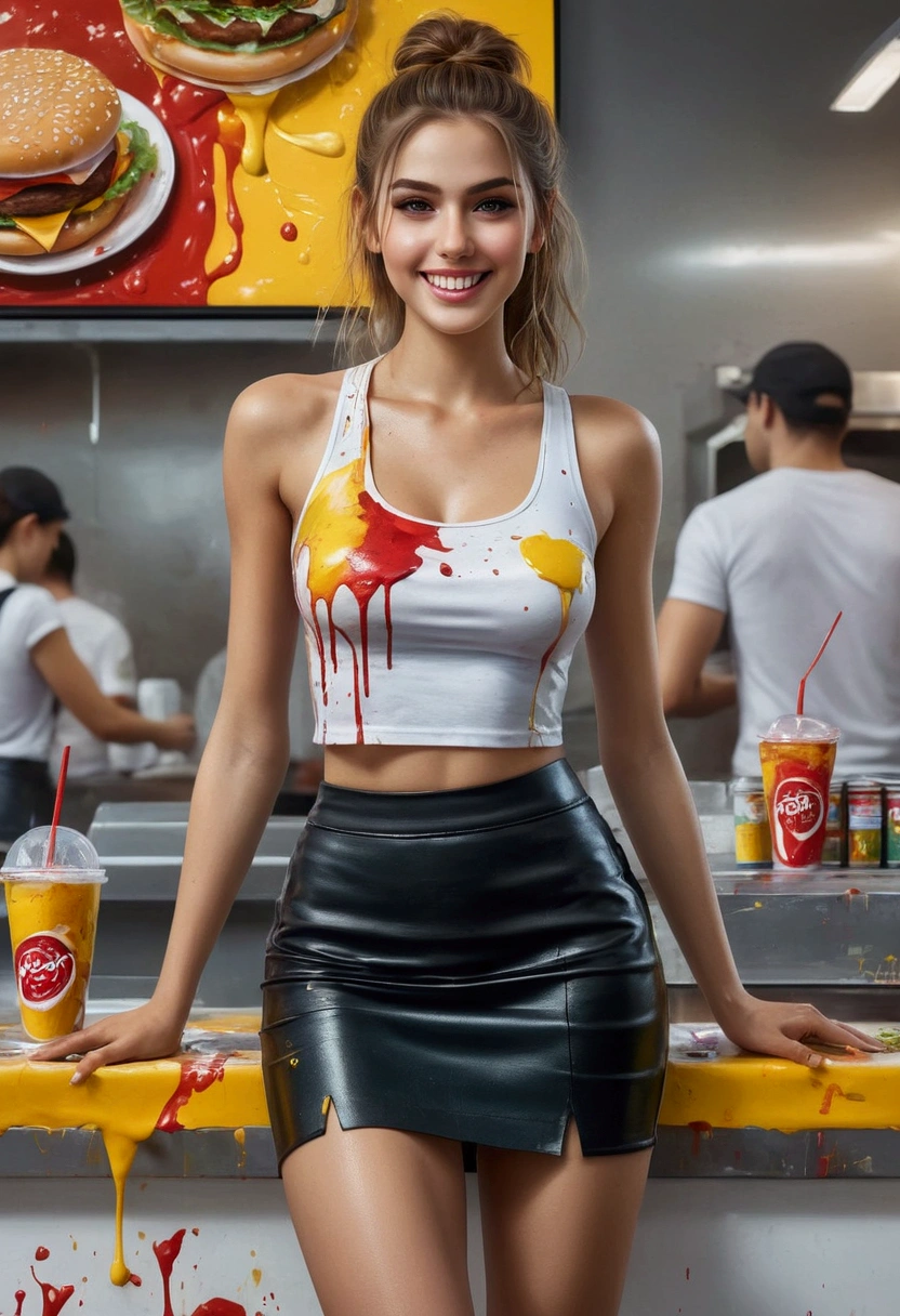 a splash oil painting of beautiful girl with perfect face working in fast food shop, smile, mini skirt, high crop top, tight clothes, big busty, vivid color, splashing painting style, perfect mix color, super detailed, best quality wallpaper, 8k, absurdity, expressive realism, perfect lightness