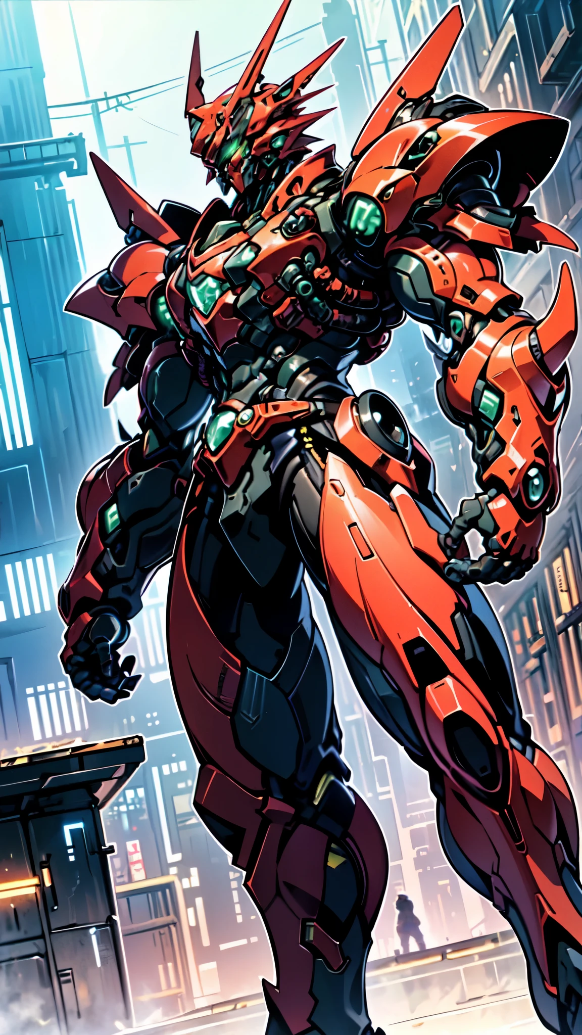 (masterpiece:1.5, best quality:1.5, extremely delicate:1.5, foreshortening:1.5, dynamic angle:1.5), a man wearing a full-face helmet, a fantasy-style biotech armored combat suit, green eyes, (a composite layered chest armor), fully enclosed shoulder guards, matching arm and leg guards, the belt is adorned with neon circuitry, (the color scheme is primarily red with green black accents), the design balances heavy with agility, a high-tech bio-mecha armor, (Armor Concept Inspired by neon Cyberpunk, stand on the top of a skyscraper in a futuristic sci-fi city), this character embodies a finely crafted fantasy-surreal style armored hero in anime style, exquisite and mature manga art style, (element, plasma, energy, the armor glows), ((male:1.5)), metallic, high definition, highres, ultra-detailed, ultra-fine painting, professional, perfect body proportions, golden ratio, anatomically correct, symmetrical face, extremely detailed eyes and face, high quality eyes, creativity, RAW photo, UHD, 32k, Natural light, cinematic lighting, masterpiece-anatomy-perfect
