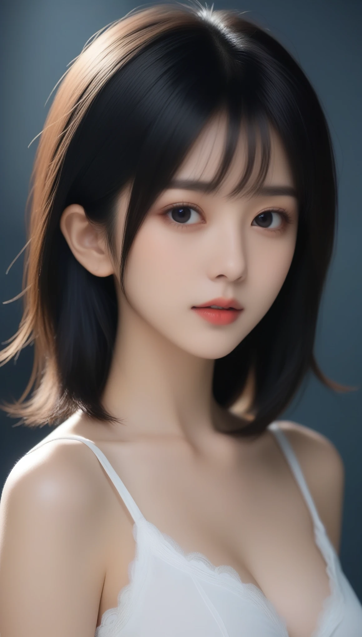 8K, Ultra-high resolution, Highest quality, masterpiece, 三分割法によるphotograph,Surreal, photograph, 1 Girl, (16 years old:1.3), pretty girl, Cute face, Beautiful eyes in every detail, 細かくdetailedに,masterpiece,One Girl:1.2, Japan Female Announcer, whole body,glaring,Black Hair,Bob with bangs,A city near the future,cyber punk,(Highest quality, 8K, masterpiece, Best image quality,  Ultra HD, Delicate and smooth skin, Realistic Skin, Perfect and beautiful face ,完璧でCute face, Skin with attention to detail, Perfect limbs、Narrow waist、Thin legs)、Browsing Caution、Sulky face、(High leg cut),Beautiful leg line beauty,Looking at the audience、beauty,Long neck、(((Ideal body type))),A cup small breasts :2,、Portraiture:2、Perfect Anatomy、鮮明なdetailed、detailed、Surreal、Light and shadow,Strong light
