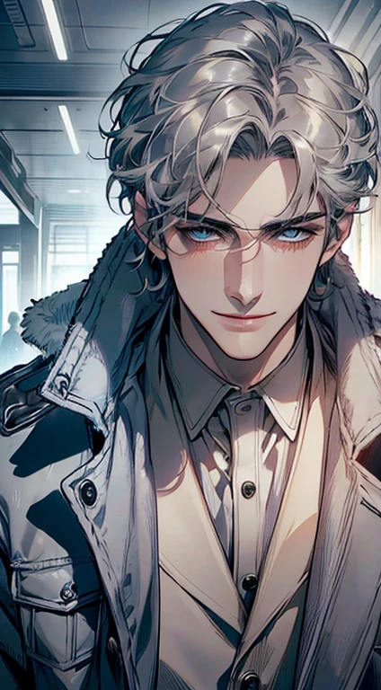 (best quality, masterpiece, 8K, photorealistic, cinematic lighting, 1:4 hdr image, ultra detailed, beautiful image), a mature man, 25 years very handsome, ((cold expression smile in love)), short grey hair, blue eyes, face perfect without mistakes, ((buttoning his jacket, CEO)), smile.