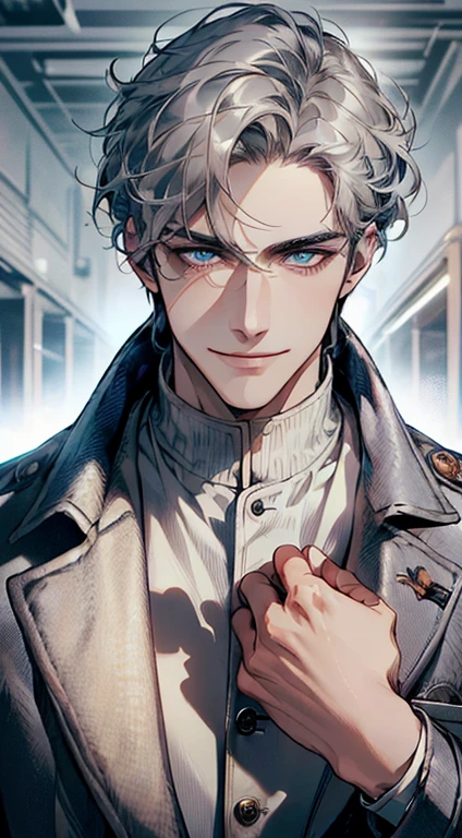 (best quality, masterpiece, 8K, photorealistic, cinematic lighting, 1:4 hdr image, ultra detailed, beautiful image), a mature man, 25 years very handsome, ((cold expression smile in love)), short grey hair, blue eyes, face perfect without mistakes, ((buttoning his jacket, CEO)), smile.