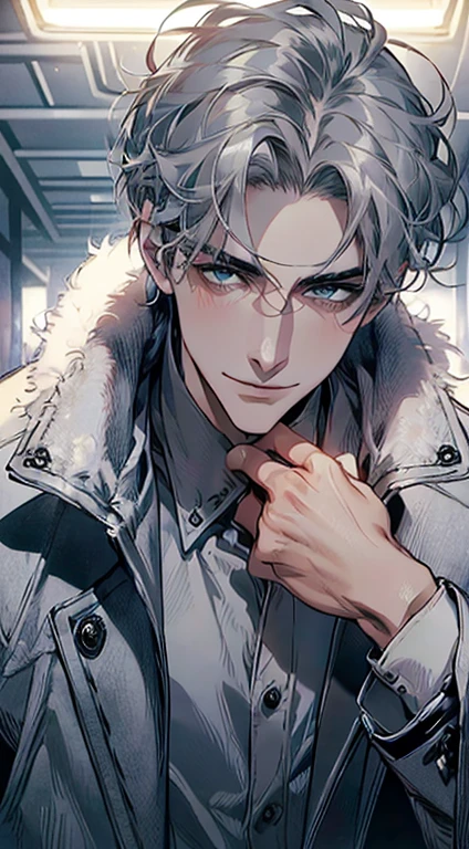 (best quality, masterpiece, 8K, photorealistic, cinematic lighting, 1:4 hdr image, ultra detailed, beautiful image), a mature man, 25 years very handsome, ((cold expression smile in love)), short grey hair, blue eyes, face perfect without mistakes, ((buttoning his jacket, CEO)), smile.