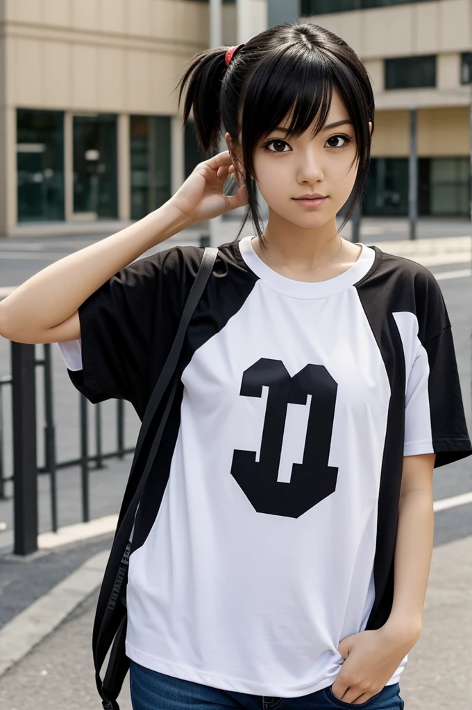 Girl with karasuno t-shirt from the anime haikyuu and with the style of the anime haikyuu 