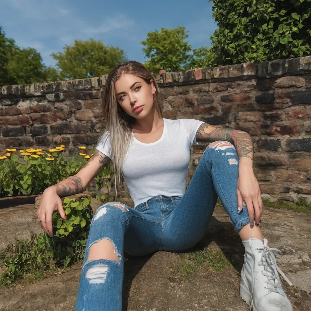 A REALISTIC, full-body image of female laurence bedard, Age 20 dressed in wet cropped T-shirt and ripped jeans. perfect-eyes, captivating-gaze, perfect-lips, perfect-anatomy, stunningly-beautiful, high-saturation, 35mm-raw-photo. She has blue eyes and a grey-dark-roots hair style. And is in a garden, And she is lying on a lounger sunbathing