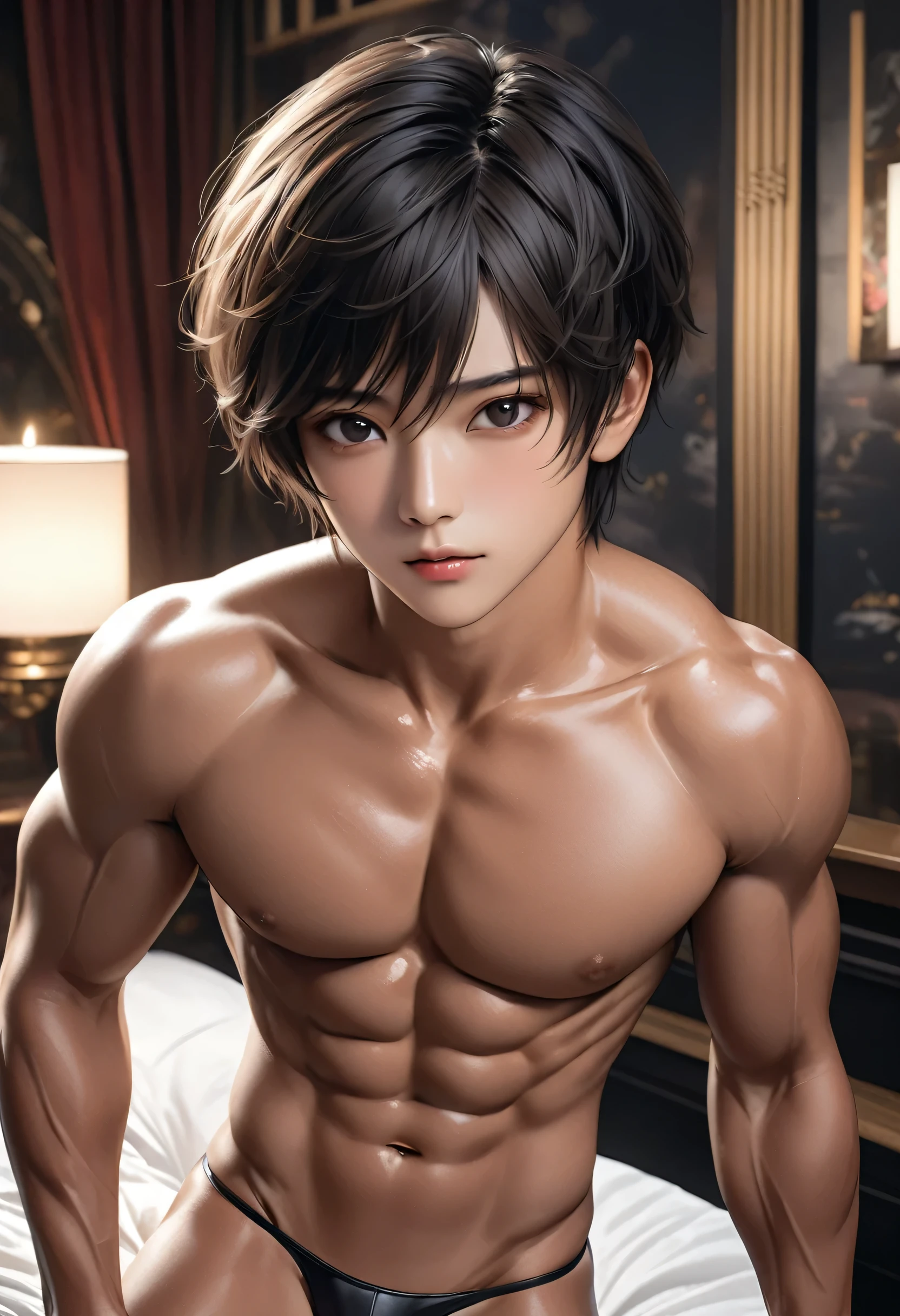 high quality, detailed, Realistic, ( tanned japanese idol body builder boy), (detailed black eyes), (black short hair), (muscle:1.5), (tanned dark brown skin), night palace bedroom, (black tiny thong), (bulge), (detailed nipples), detailed areola,best quality,4k,8k,highres,masterpiece:1.2),ultra-detailed,(realistic,photorealistic,photo-realistic:1.37), face close up, --no watch,looking at viewer,