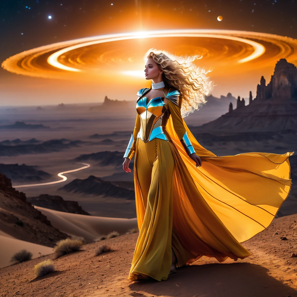 ((fantasy, masterpiece photography, 8K, high degree of detail)) magical atmosphere, mysterious and mysterious. A beautiful blonde with long curly hair in the wind in a magical pilot costume is walking on an uninhabited planet. The costume is made of golden fabric with lots of details, futuristic style. On this uninhabited planet, the sky is a spectacular sight: it is filled with bright colors reflecting the radiance of unusual satellites. These satellites, majestic in size and shape, dot the sky with stars and create amazing landscapes. Spaceships float smoothly between them, leaving behind traces of light and flickering reflections. Their strange shapes and technological design contrast with the beauty and tranquility of this planet, giving it a mysterious and mystical charm. Travelers flying by stop to admire this amazing sight and soak up the magic of this cosmic world.