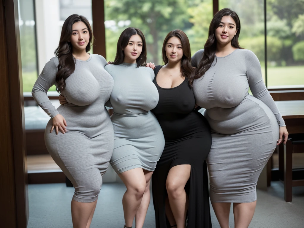 (Masterpiece,High Quality:1.3),(depth of field:1.3) ,((front body:1.35)), ((group of young woman:1.2)), ((posing together)), ((hug each other)) , young woman, long chignon dress, Tight T-shirt Long Sleeve Maxi Dress, tight clothes to body shape, curvy body, thin waist, wide hips,(looking at viewer:1.3), (full body shot:1.2), female reunion,