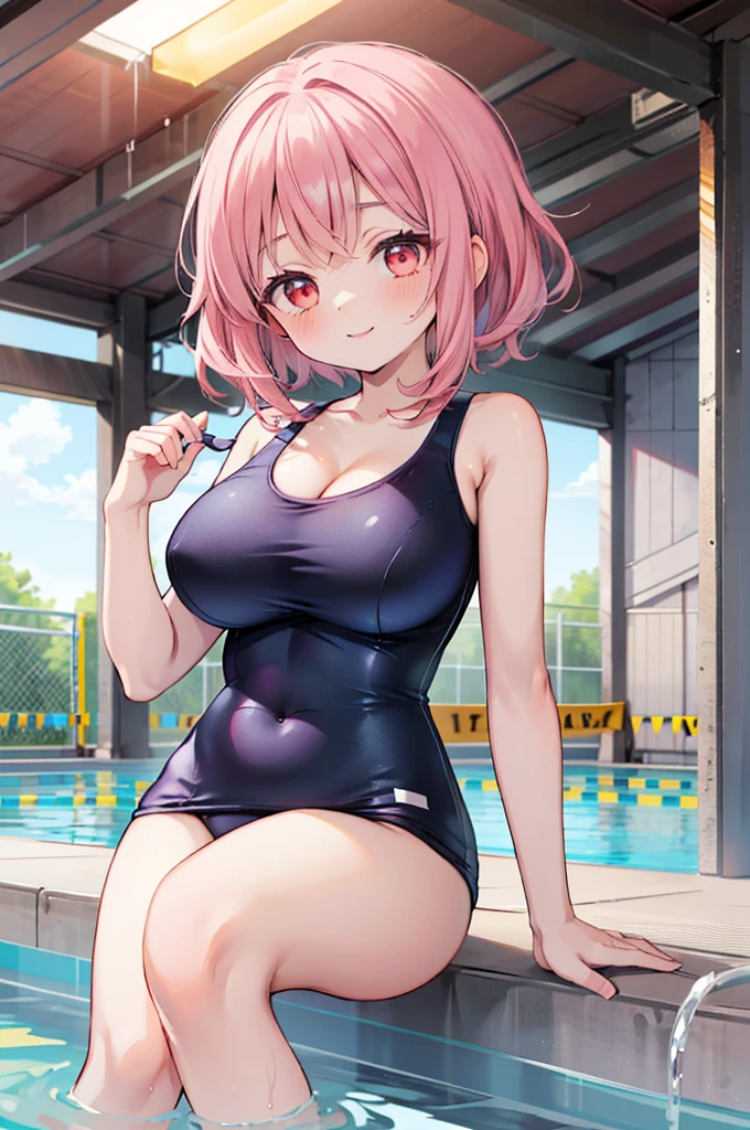 ((Masterpiece)),((high resolution)),((Best Quality)),Anime illustration,(((1girl))),,(wavy hair),(short hair),(pale pink hair color),small ponytail,Red eyes,(Big round eyes),((tareme)),,((loli face)),very big breasts)),Short stature,,one-piece swimsuit,smile,Ladylike,Pool,