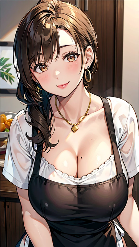Female 26 years old，housewife，Sunlight，Smile，put on lipstick，light brown short curly hair，Tie a ponytail on the left side，Slightly plump，half moon earrings，Close-up photo of face，Home apron，Huge Breasts，There is a mole at the corner of the mouth，Gold necklace，Round neck white top