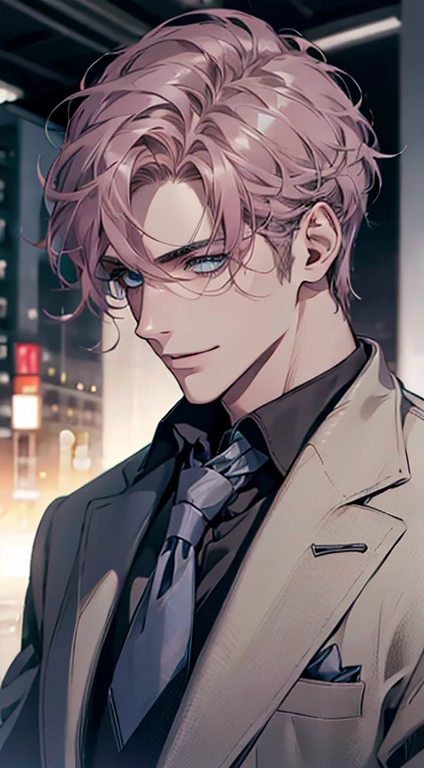 (Highest quality,4K,8K,High resolution,masterpiece:1.2),Super detailed,(Realistic,photoRealistic,photo-Realistic:1.37),1 person,31 years old,Mature Men,Beautiful skin、Profile、very handsome,Expressionless,smile,Short gray pink hair,blue eyes,Sharp Eyes,A perfect face without a doubt,Businessman,Office Background,Cinema Lighting,HDR image,tie、