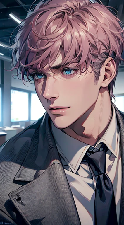 (Highest quality,4K,8K,High resolution,masterpiece:1.2),Super detailed,(Realistic,photoRealistic,photo-Realistic:1.37),1 person,31 years old,Mature Men,Beautiful skin、Profile、very handsome,Expressionless,smile,Short gray pink hair,blue eyes,Sharp Eyes,A perfect face without a doubt,Businessman,Office Background,Cinema Lighting,HDR image,tie、