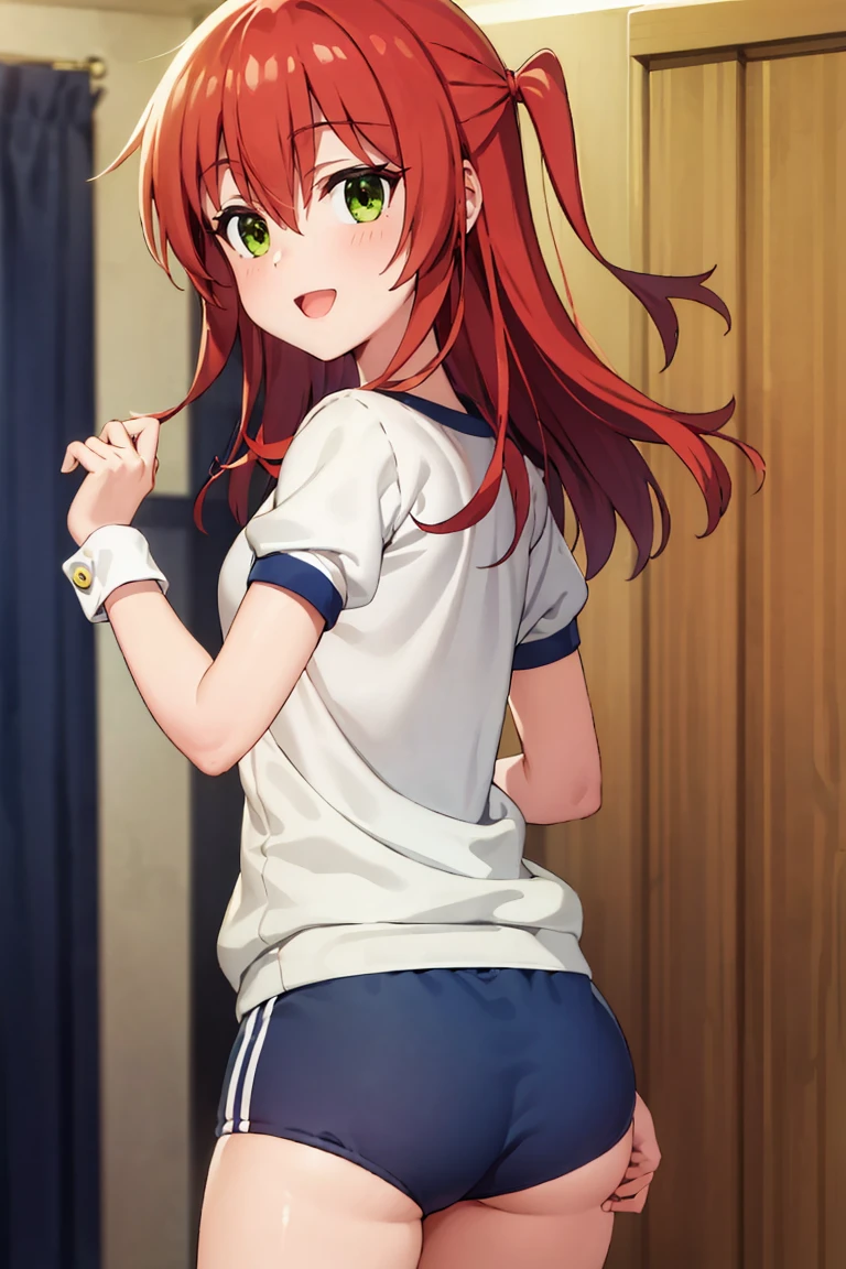 room, 1 Girl, Highest quality, Ultra-high resolution, Long Hair, Redhead, Green Eyes,Looking at the audience, Small breasts , smile, Open your mouth、Cowboy Shot、(Navy blue cuffs and white short-sleeved gym uniform)、(Navy Blue Bloomers)、(
barefoot)、Navy blue socks、Backwards、look back