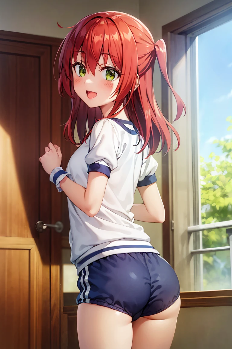 room, 1 Girl, Highest quality, Ultra-high resolution, Long Hair, Redhead, Green Eyes,Looking at the audience, Small breasts , smile, Open your mouth、Cowboy Shot、(Navy blue cuffs and white short-sleeved gym uniform)、(Navy Blue Bloomers)、(
barefoot)、Navy blue socks、Backwards、look back