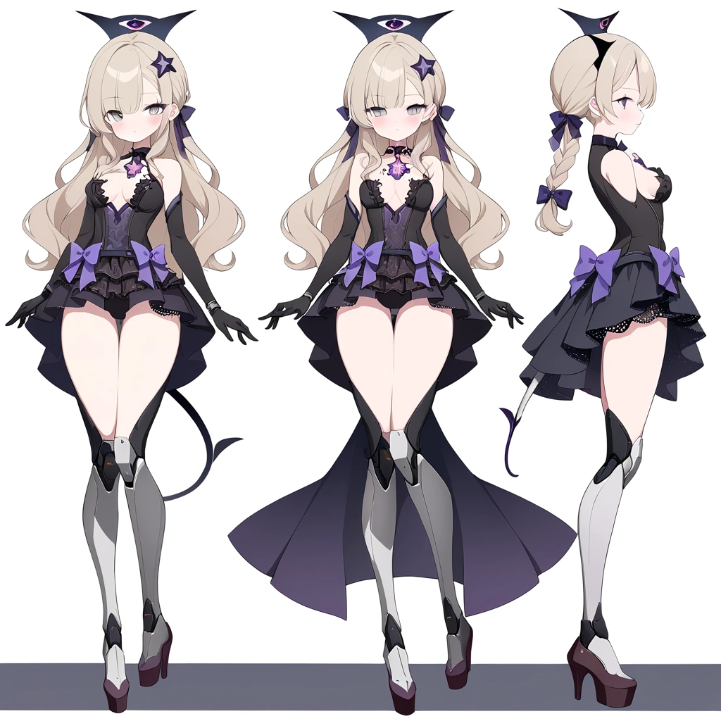 woman 170 cm tall. medium chest, wide hip, slim build, ((whole body)). (((character design sheet: front view))). (dark blonde hair, (hip-length wavy hair with asymmetrical bangs), She has a short braid tied with an elegant purple bow on the left side of her hair above her chest. She has a short braid tied with an elegant purple bow on the right side of her hair above her chest. She has small ribbons in the back of her hair..). ((Gray eyes with a pink 4-pointed star in the pupil.)). Two black and purple serval ears located on the top of the head.. Luminous black halo with purple star patterns above his head. He has a black collar with a heart emblem on his neck.. (Elegant one-piece long dress with lace and ruffle skirt, ribbon decorations and star patterns on the dress). black gloves, beautiful black platform heels. gray belt at the waist with a large ribbon with a luminous pink heart in the middle. (It has a succubus tail with a small purple star on the tip.). ((It has complex mechanical legs that reach up to the thighs and are black with small purple details..)). beautiful detailed hair, beautiful detailed dress. extremely detailed arms. extremely detailed face, small face, Beautiful detailed eyes, beautiful detailed lips. adorable. extremely detailed legs. (Best Quality, 4k, high resolution), ultra detailed, Exquisite and epic character art., ((White background)). (Retro artsy)